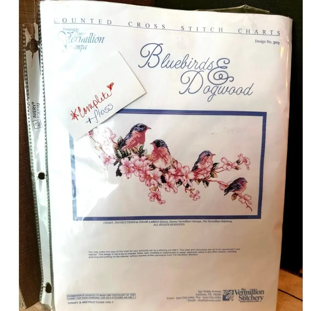 2001 Vermillion Stitchery Cross Stitch Chart • Bluebirds & Dogwood • + Floss